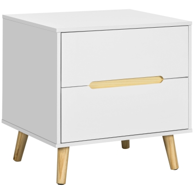 HOMCOM Nightstand, Bedside Table with 2 Drawers, Modern Side End Table with Solid Wood Legs for Bedroom, White