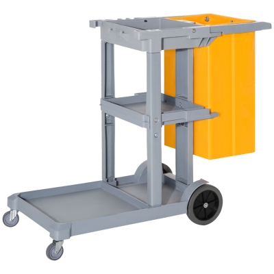 HOMCOM Janitorial Cart with 3 Shelves, Cleaning Cart on Wheels with Rubbish Bag and Mop Holders for Hotel, Housekeeping, Grey