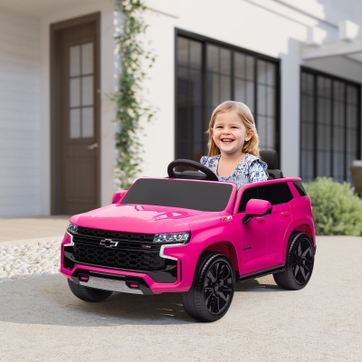 Aosom Licensed Chevrolet Tahoe Kids Ride on Car, 12V 7AH Toddler Electric Car with Parent Remote Control, 3 Speeds, Spring Suspension, LED Light, Horn, Music, Pink