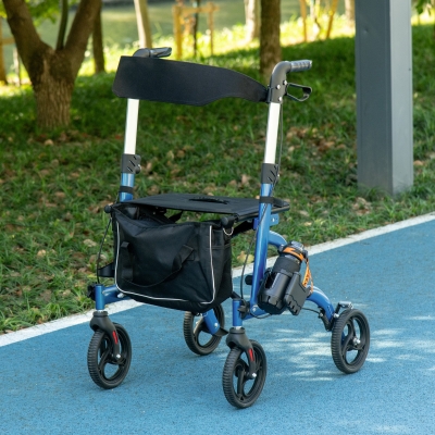 HOMCOM Rollator Walker for Seniors and Adults with 8'' Wheels, Padded Seat and Backrest,  Storage Bag Blue