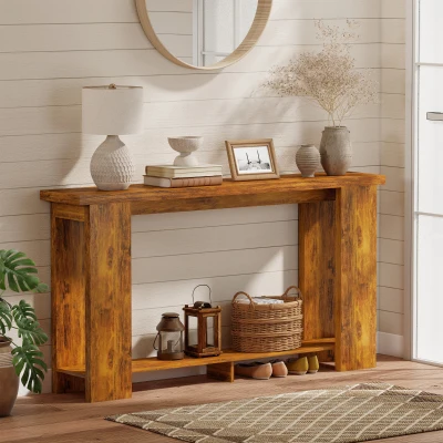 HOMCOM 63" Farmhouse Console Table, Distressed Brown for Entryway