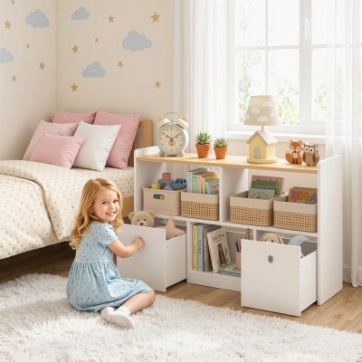 Qaba Toy Storage Organizer, Toy Organizers and Storage with 2 Movable Drawers and 3 Cubbies for Playroom, Nursery, White