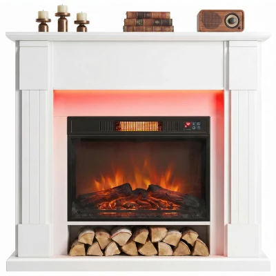 HOMCOM 41 Inch Electric Fireplace with Mantel, 1400W Fireplace Heater with Adjustable 3D Flame Effect for Living Room, White