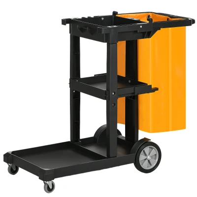 HOMCOM Janitorial Cart with 3 Shelves, Cleaning Cart on Wheels with Rubbish Bag and Mop Holders for Hotel, Housekeeping, Black