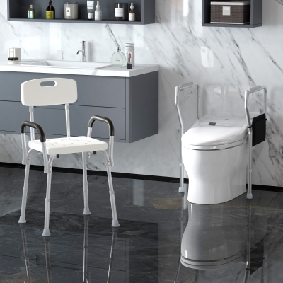HOMCOM Shower Chair and Toilet Safety Rail Set, Height Adjustable Bath Chair, Width and Height Adjustable Toilet Rail for Seniors, Assist Grab Bar, Easy Installation