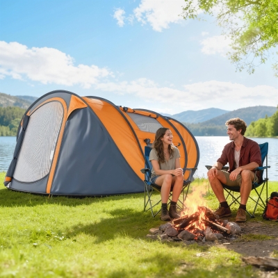 Outsunny 4 Person Camping Tent, Easy Pop Up Tent with Doors, Windows and Carry Bag, Automatic Setup Tent for Hiking, Orange