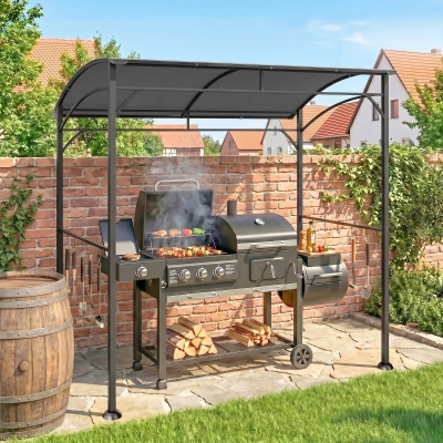 Outsunny 7' x 5' Garden Grill Canopy, BBQ Grill Gazebo Tent with Steel Frame and Hooks, Outdoor Sun Shade, Charcoal Grey