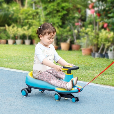 Qaba Kids Wiggle Car w/ Parent Traction Rope, Music, Light, Blue