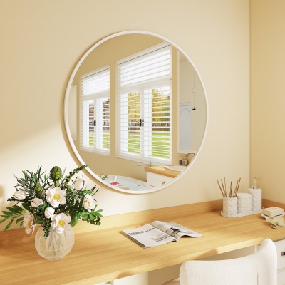 HOMCOM 36" Round Mirror, Bathroom Wall Mirror with Metal Frame, Decorative Vanity Mirror for Living Room, Bedroom, White