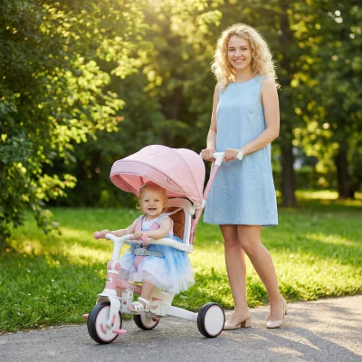 Qaba 7-in-1 Tricycle Stroller, Adjustable Handle, Canopy, Pink