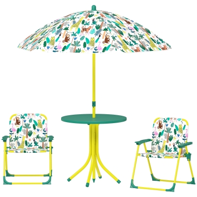 Qaba Kids Picnic Table Set with Folding Chairs & Umbrella, Green
