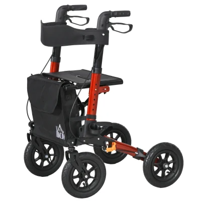 HOMCOM Rollator for Seniors with Seat, Rubber Wheels, Aluminum Folding Rolling Walker with Adjustable Handle, Bag, Red