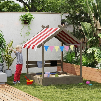 Outsunny Outdoor Wooden Sandbox with Cover for 3-7 Years Old, Backyard, Grey
