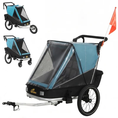 Qaba 3-in-1 Bike Trailer for Kids, Baby Stroller and Jogger, Foldable Child Bicycle Trailer with Reclining Seat, Blue