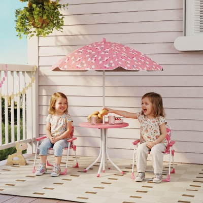 Qaba Kids Picnic Table, Kids Table and Chair Set with 2 Folding Chairs and Umbrella for Backyard, Garden, Patio, Pink