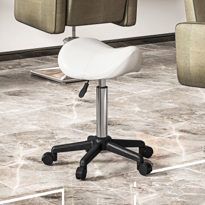HOMCOM Saddle Stool, Adjustable Rolling Stool, White