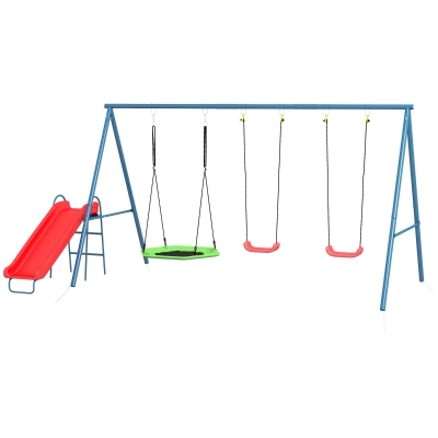 Outsunny Metal Swing Set for Backyard, 4 in 1 Design with 1 Nest Swing, 2 Seats, 1 Slide, Holds Up to 352 lbs. for Ages 3-8