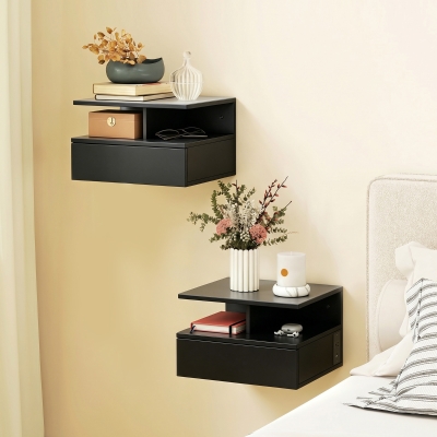 HOMCOM Floating Nightstand Set of 2, Wall Mounted Bedside Table with with Power Outlets, Drawer and Shelf, Black