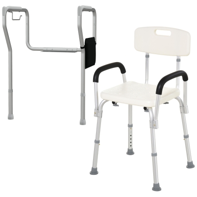 HOMCOM Shower Chair and Toilet Safety Rail Set, Height Adjustable Bath Chair, Width and Height Adjustable Toilet Rail for Seniors, Assist Grab Bar, Easy Installation