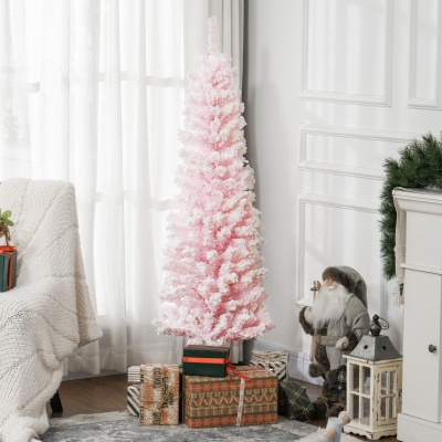 HOMCOM 5ft Flocked Christmas Tree, Pencil Christmas Tree with Realistic Branch Tips, Folding Metal Stand, Pink