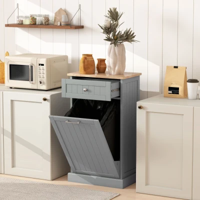 HOMCOM Tilt-Out Kitchen Recycling Trash Bin Cabinet w/ Drawer, Gray