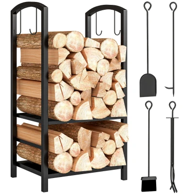 Outsunny 2-Tier Firewood Log Rack with 4 Tools, Fireplace Wood Storage Holder with Shovel, Broom, Poker, Tongs and Hooks, Black