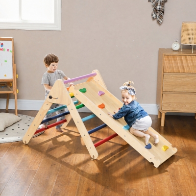 Qaba Pikler Triangle Set, 3 in 1 Climbing Toys with Ramp for Toddlers, Nature Wood