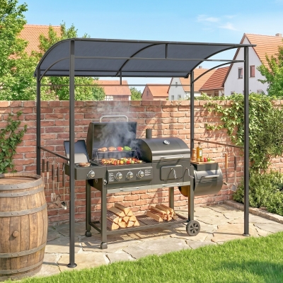 Outsunny 7' x 5' BBQ Grill Gazebo Tent, Garden Grill Canopy with Steel Frame and Hooks, Outdoor Sun Shade, Grey