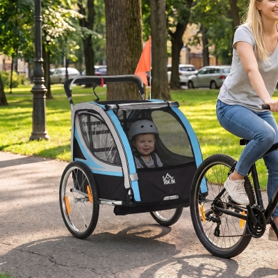 Aosom 2 Seat Bike Trailer for Kids 2-in-1 Double Baby Stroller with Handbrake, Rubber Wheels, 5 Point Harness, Waterproof Cover, Storage Bag, Reflectors, Blue