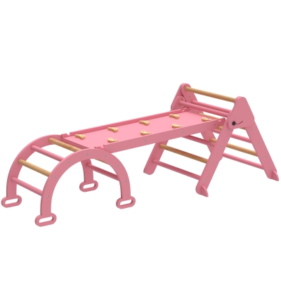 Qaba 7-in-1 Pikler Triangle Set, Foldable Wooden Climbing Toys with Arch, Ramp and Ladder for Toddlers 1-4 Years, Pink