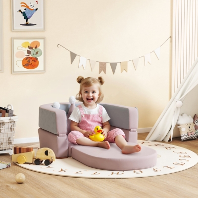 Qaba 3-in-1 Convertible Climbing Toys for Toddlers with Crown Cushion, Fold Out Toddler Couch to Lounger & Play Area, Pink