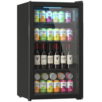 HOMCOM 3.2 Cu.Ft Beverage Fridge, 128 Can Drink Fridge with Glass Door, Auto-Defrost and LED Light for Soda, Beer, Black