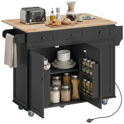 HOMCOM Kitchen Island on Wheels with Drop Leaf, Charging Station, Rolling Kitchen Cart with Wood Top, Adjustable Shelf, Black