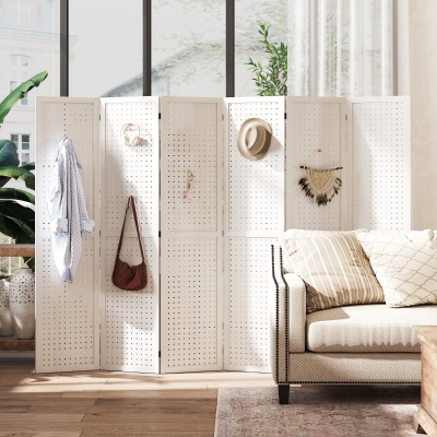 HOMCOM 5.6 Ft. Tall 6-Panel Room Divider, Pegboard Panel Folding Privacy Screen, Partition Wall Divider for Bedroom, White