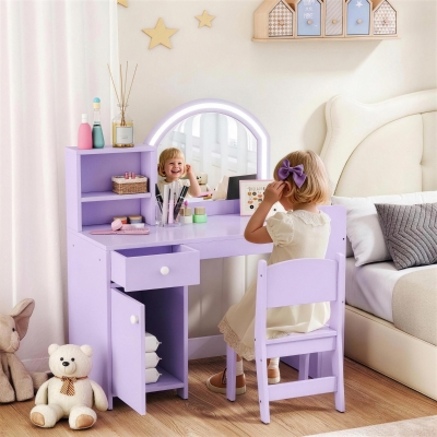 Qaba Kids Vanity Set, Toddler Dressing Table and Chair Set  with Lighted Mirror, Cabinet, Drawer and Shelves, Purple