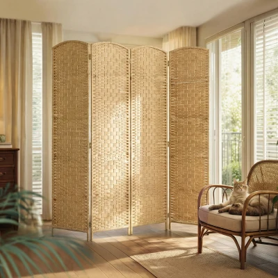 HOMCOM 6' Folding Wood Privacy Screen, 4-Panel Room Divider, Natural