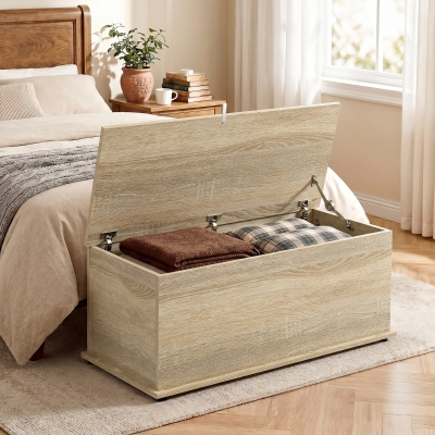 HOMCOM 39.5" Storage Chest with 2 Safety Hinges, Storage Box Organizer with Flip-Top Lid, Entryway Storage Bench, Oak