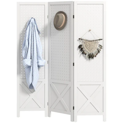 HOMCOM 56.9" 3 Panel Wooden Room Divider with Pegboard Display, Folding Privacy Screen for Home Office, White