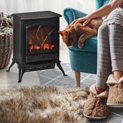 HOMCOM Free Stand Electric Fireplace Stove Heater with Adjustable LED Flame Effect and Front Door, 750W/1500W, Black