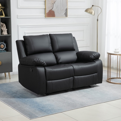 HOMCOM Double Reclining Loveseat, PU Leather Manual Recliner Sofa Chair with Thick Backrest, Padded Armrests, Footrest for Living Room, Black