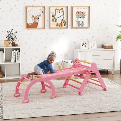 Qaba 7-in-1 Pikler Triangle Set, Foldable Wooden Climbing Toys with Arch, Ramp and Ladder for Toddlers 1-4 Years, Pink