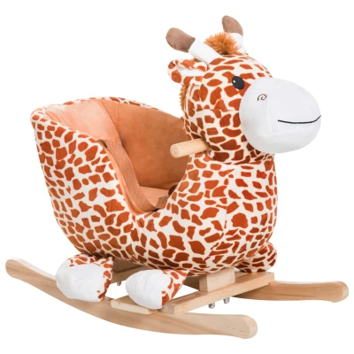 Qaba Wooden Plush Children Kids Rocking Horse Chair for Toddlers with Sound and Safety Belt, Giraffe Theme