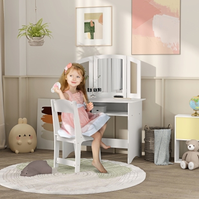 Qaba 2 in 1 Kids Vanity Set Makeup Dressing Table Pretend Play Set with Tri-Folding Mirror, Stool, Storage Shelf