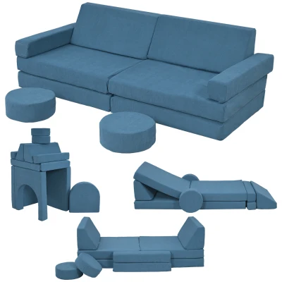 Qaba 12-Piece Modular Kids Play Couch Building Fort for Playroom Bedroom, Convertible Kids Sofa, Blue