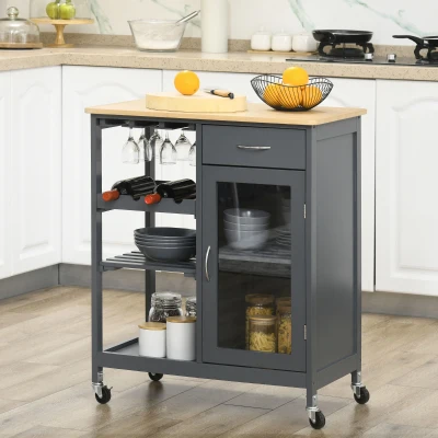 HOMCOM Rolling Kitchen Cart with Storage, Wine Rack, Drawer, Gray