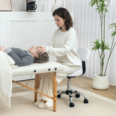 HOMCOM Adjustable Rolling Stool with Removable Backrest, Faux Leather Swivel Stool Chair for Salon Spa, Bar, Massage, White