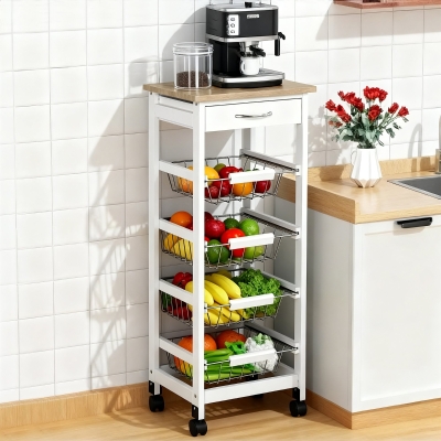 HOMCOM Rolling Kitchen Cart, Solid Wood with Storage, White