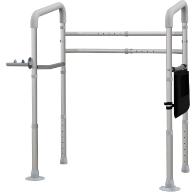 HOMCOM Stand Alone Toilet Safety Frame, Toilet Rails with Adjustable Height Width, 300lb Grab Bar with Suction Cups, Storage, Padded Handles for Elderly