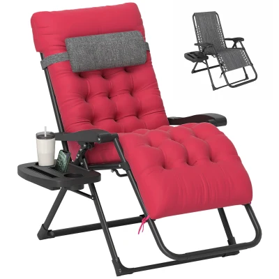 Outsunny Padded Folding Recliner Chair, Patio Lounger with Cupholder, Adjustable Backrest, Removable Cushion, Red