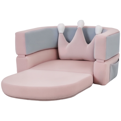 Qaba 3-in-1 Convertible Climbing Toys for Toddlers with Crown Cushion, Fold Out Toddler Couch to Lounger & Play Area, Pink